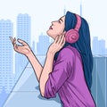 Beautiful girl looking forward Women listen to music from headphones Illustration vector On pop art comic style