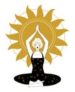 A beautiful girl in the lotus position is engaged in yoga on the background of the sun. Hand drawn illustration for Royalty Free Stock Photo