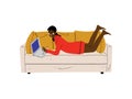 Beautiful Girl Lying On Sofa with Laptop, Young African American Woman Working or Relaxing at Home Using Computer Vector Royalty Free Stock Photo