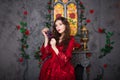 A beautiful girl in a magnificent red dress of the Rococo era stands against a fireplace, a window and flowers with a bunch of gra Royalty Free Stock Photo