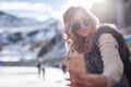 Beautiful girl making a selfie mobile phone at ice rink Royalty Free Stock Photo