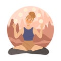 Beautiful girl meditating in Lotus pose. Young woman practicing yoga in nature cartoon vector illustration