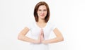 Beautiful girl in namaste pose on white background isolated. Young woman doing sport exercises isolated Royalty Free Stock Photo