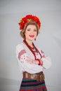 A beautiful girl in National Ukrainian Costume. captured in studio. Embroidery and jacket. wreath. circlet of flowers. red lips Royalty Free Stock Photo