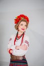 A beautiful girl in National Ukrainian Costume. captured in studio. Embroidery and jacket. wreath. circlet of flowers. red lips Royalty Free Stock Photo