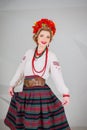 A beautiful girl in National Ukrainian Costume. captured in studio. Embroidery and jacket. wreath. circlet of flowers. red lips Royalty Free Stock Photo