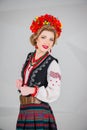 A beautiful girl in National Ukrainian Costume. captured in studio. Embroidery and jacket. wreath. circlet of flowers. red lips Royalty Free Stock Photo