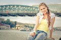 Girl near bridge over Moskow river Royalty Free Stock Photo