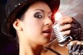 Beautiful girl with old retro microphone Royalty Free Stock Photo