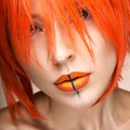 Beautiful girl in an orange wig cosplay style with bright creative lips. Art beauty image.