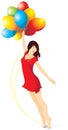 Beautiful girl in a red dress with bright balloons. Vector