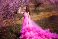 Beautiful girl in a pink dress in peach garden Royalty Free Stock Photo