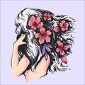 Beautiful girl with pink flowers in hair back side view vector illustration