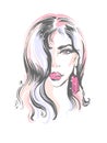 Beautiful girl with pink lips and earring hairstyle icon fashion illustration