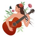 Beautiful girl playing guitar surrounded by birds, leaves and flowers Royalty Free Stock Photo