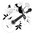 Beautiful girl playing guitar surrounded by birds, leaves and flowers Royalty Free Stock Photo