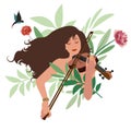 Beautiful girl playing violin surrounded by birds, leaves and flowers Royalty Free Stock Photo