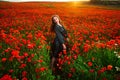 Beautiful Girl in poppy field. Woman on flowering poppy field Royalty Free Stock Photo