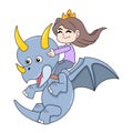 Beautiful girl princess is wearing a crown in the arms of a flying rhino, doodle icon image kawaii