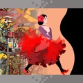 Beautiful girl in red dress dancing flamenco on the background of fantasy town. Chocolate packaging design. Space for text