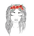 Beautiful girl with red flower wreath in long hair. Hand drawn illustration, t-shirt print Royalty Free Stock Photo