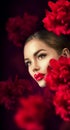 Beautiful girl with red peony flowers portrait. Beauty fashion model woman face Royalty Free Stock Photo