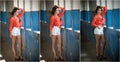 Beautiful girl with red shirt and white shorts posing in old hall with columns blue. Attractive long hair brunette with black bra Royalty Free Stock Photo
