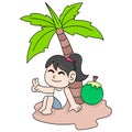 Beautiful girl relaxing vacation on coconut island, doodle icon image kawaii