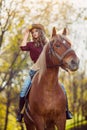 Beautiful girl riding horse on autumn field Royalty Free Stock Photo