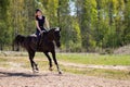 Beautiful girl riding a horse on manege