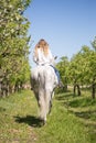 Beautiful girl riding a horse on a white horse in the garden Royalty Free Stock Photo