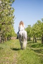 Beautiful girl riding a horse on a white horse in the garden Royalty Free Stock Photo