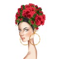 beautiful girl roses on head looking at camera