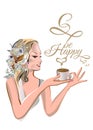 A beautiful girl`s face with blond hair decorated with flowers and butterflies taking a cup of coffee in her hands in lines with l Royalty Free Stock Photo