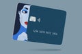 A beautiful girlÃ¢â¬â¢s face is part of the design of a generic blue credit card in this 3-D illustration.