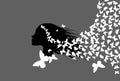 Beautiful girl`s profile silhouette with butterflies flying from her hair - vector illustration Royalty Free Stock Photo