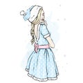 Beautiful girl in a Santa Claus dress and hat. Vector illustration for a postcard or a poster. New Year`s and Christmas.