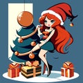 Beautiful girl in a Santa Claus hat decorates a Christmas tree AI Generated