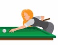 Beautiful girl shooting ball with cue stick, woman playing billiard game in cartoon flat illustration editable vector Royalty Free Stock Photo