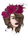 Beautiful girl with short hair in a wreath of roses and peonies. Flowers Big eyes and full lips. Vector illustration.