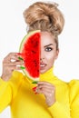 Beautiful girl showing summer manicure nails . makeup and cosmetics. Trendy Watermelon Summer Manicure. Beauty Fashion Makeup and