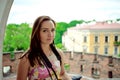 Beautiful girl during sightseeing old castle in Cracow, Wawel