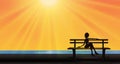 Beautiful girl silhouette sitting on a bench near lake, summer sun