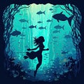 Beautiful girl sillhoutte swimming underwater. A girl diving with fish without scuba gear. Fantasy mermaid in deep ocean Royalty Free Stock Photo