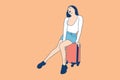 Illustrations beautiful girl sits on traveling suitcase