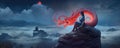 A beautiful girl is sitting on a rock above the clouds next to a red mythological Chinese dragon. Created by AI