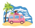 A beautiful girl is sitting on the roof of a car. Relax on the beach. Women travel by car. Van life movement. Vector illustration Royalty Free Stock Photo
