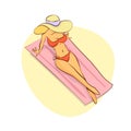 Beautiful girl sitting on a towel in swimsuit or bikini and hat. Royalty Free Stock Photo