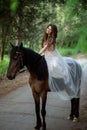 Beautiful girl in a smart dress sits on horseback Royalty Free Stock Photo