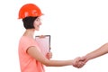 Girl contractor shakes hands on a white background